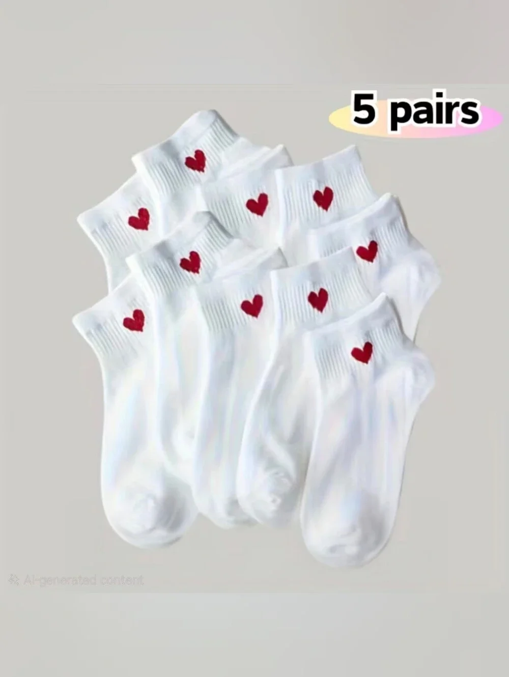 NWT 5 Pairs White Athletic Socks w/ Red Hearts on Cuff - Fits Womens Shoe Sz 5-8